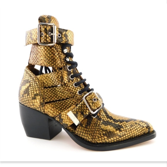 New CHLOE Metallic Gold Python Snake Caged Block Heel Buckle Strap Booties 36.5 - Picture 1 of 8